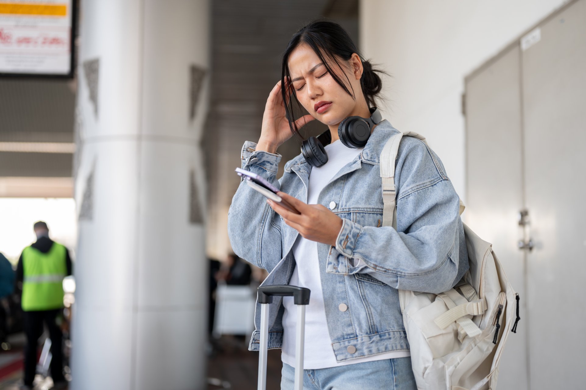 A stressed, worried Asian female traveler waits for her taxi at the airport pickup point, feeling frustrated about a mistake she made or a headache from a long flight.